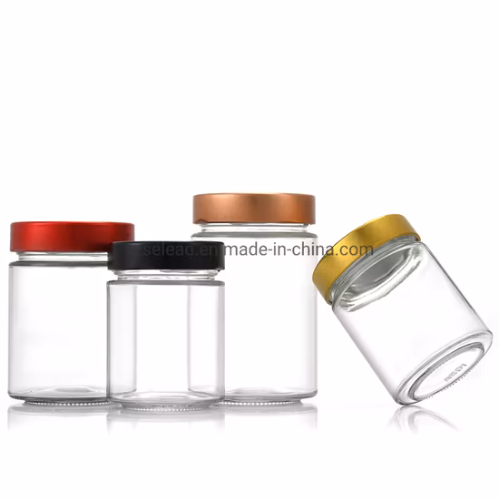 1oz 6oz 8oz 9oz 16oz 투명 스트레이트 양면 Ergo 유리 꿀 항아리 잼 유리 병 항아리 (은색 금 나사 금속 캡 포함)