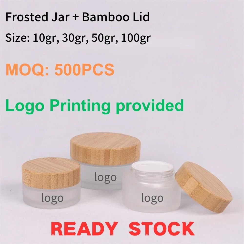 Ready to Ship Products 50g Frosted Glass Jar Cosmetic Container Low MOQ Glass Bottle OEM ODM Cream Bottle with Sustainable Bamboo Plastic Cap